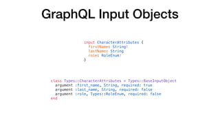 GraphQL Input Objects
input CharacterAttributes {
firstName: String!
lastName: String
role: RoleEnum!
}
class Types::Chara...