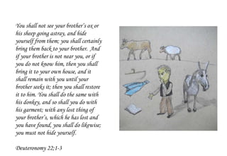 You shall not see your brother’s ox or
his sheep going astray, and hide
yourself from them; you shall certainly
bring them back to your brother. And
if your brother is not near you, or if
you do not know him, then you shall
bring it to your own house, and it
shall remain with you until your
brother seeks it; then you shall restore
it to him. You shall do the same with
his donkey, and so shall you do with
his garment; with any lost thing of
your brother’s, which he has lost and
you have found, you shall do likewise;
you must not hide yourself.
Deuteronomy 22;1-3
 