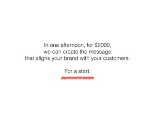 In one afternoon, for $2000,
we can create the message
that aligns your brand with your customers.
For a start.
 