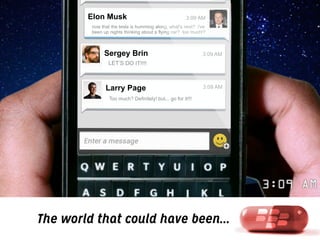 Elon Musk

3:09 AM

now that the tesla is humming along, what's next? i've
been up nights thinking about a flying car? too much!?

Sergey Brin

3:09 AM

LET’S DO IT!!!!

Larry Page

3:09 AM

Too much? Definitely! but... go for it!!!

The world that could have been...

 