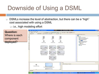 Downside of Using a DSML 
 DSMLs increase the level of abstraction, but there can be a “high” 
cost associated with using a DSML 
 i.e., high modeling effort 
Question: 
Where is each 
component 
deployed? 
 