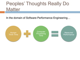 Peoples’ Thoughts Really Do 
Matter 
In the domain of Software Performance Engineering… 
Human 
Think Time 
Computer 
Processing 
Time 
Measured 
Performance 
 