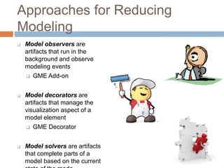 Approaches for Reducing 
Modeling 
 Model observers are 
artifacts that run in the 
background and observe 
modeling events 
 GME Add-on 
 Model decorators are 
artifacts that manage the 
visualization aspect of a 
model element 
 GME Decorator 
 Model solvers are artifacts 
that complete parts of a 
model based on the current 
state of the mode 
 