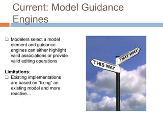 Current: Model Guidance 
Engines 
 Modelers select a model 
element and guidance 
engines can either highlight 
valid associations or provide 
valid editing operations 
Limitations: 
 Existing implementations 
are based on “fixing” an 
existing model and more 
reactive… 
 