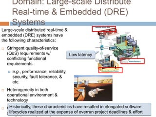 Domain: Large-scale Distribute 
Real-time & Embedded (DRE) 
Systems 
Large-scale distributed real-time & 
embedded (DRE) systems have 
the following characteristics: 
 Stringent quality-of-service 
(QoS) requirements w/ 
conflicting functional 
requirements 
 e.g., performance, reliability, 
security, fault tolerance, & 
etc. 
 Heterogeneity in both 
operational environment & 
technology 
Historically, these characteristics have resulted in elongated software 
lifecycles realized at the expense of overrun project deadlines & effort 
 Often developed as monolithic, 
stove-piped applications, where 
small changes have a large 
Low latency 
 
