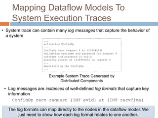 Mapping Dataflow Models To 
System Execution Traces 
• System trace can contain many log messages that capture the behavior of 
a system 
... 
activating ConfigOp 
... 
ConfigOp recv request 6 at 1234945638 
validating username and password for request 6 
username and password is valid 
granting access at 1234945652 to request 6 
... 
deactivating the ConfigOp 
... 
Example System Trace Generated by 
Distributed Components 
• Log messages are instances of well-defined log formats that capture key 
information 
ConfigOp recv request {INT evid} at {INT recvTime} 
The log formats can map directly to the nodes in the dataflow model. We 
just need to show how each log format relates to one another. 
 