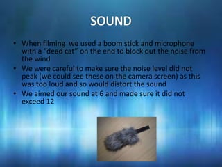 • When filming we used a boom stick and microphone
  with a “dead cat” on the end to block out the noise from
  the wind
• We were careful to make sure the noise level did not
  peak (we could see these on the camera screen) as this
  was too loud and so would distort the sound
• We aimed our sound at 6 and made sure it did not
  exceed 12
 
