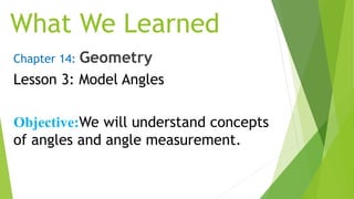 What We Learned
Chapter 14: Geometry
Lesson 3: Model Angles
Objective:We will understand concepts
of angles and angle measurement.
 