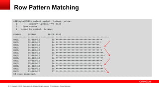 Copyright © 2012, Oracle and/or its affiliates. All rights reserved. Confidential – Oracle Restricted55
Row Pattern Matching
c##tkyte%CDB1> select symbol, tstamp, price,
2 rpad('*',price,'*') hist
3 from stocks
4 order by symbol, tstamp;
SYMBOL TSTAMP PRICE HIST
---------- --------- ---------- ----------------------------------------
ORCL 01-SEP-12 35 ***********************************
ORCL 02-SEP-12 34 **********************************
ORCL 03-SEP-12 33 *********************************
ORCL 04-SEP-12 34 **********************************
ORCL 05-SEP-12 35 ***********************************
ORCL 06-SEP-12 36 ************************************
ORCL 07-SEP-12 37 *************************************
ORCL 08-SEP-12 36 ************************************
ORCL 09-SEP-12 35 ***********************************
ORCL 10-SEP-12 34 **********************************
ORCL 11-SEP-12 35 ***********************************
ORCL 12-SEP-12 36 ************************************
ORCL 13-SEP-12 37 *************************************
13 rows selected.
 