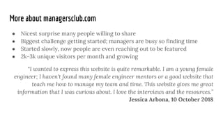 More about managersclub.com
● Nicest surprise many people willing to share
● Biggest challenge getting started; managers a...