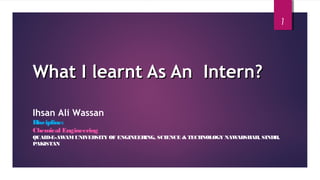What I learnt As An Intern?What I learnt As An Intern?
Ihsan Ali Wassan
Discipline:
Chemical Engineering
QUAID-E-AWAMUNIVERSITY OF ENGINEERING, SCIENCE & TECHNOLOGY NAWABSHAH, SINDH,
PAKISTAN
1
 