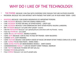 WHY DO I LIKE OF THE TECHNOLOGY:
•    THE PHONE: BECAUSE I CAN TALK WITH EVERYONE EVEN THOUGH THEY ARE IN OTHER COUNTRY.
•   FACEBOOK: BECAUSE YOU CAN INTERACT WITH FRIENDS THAT DONT LIVE IN YOUR HAME TOWN – CERCI V

•   WIKIPIDIEA:BECAUSE I CAN SEARCH BIOGRAPHYS OF IMPORTANT PERSONS
•   I LIKE FACEBOOK BECAUSE I CAN PLAY GAMES/ PAMELA MTZ
•   I LIKE FACEBOOK TO POST ON WALL OF OTHER PEOPLE – CRISTY GZZ
•   I LIKE FACEBOOK BECAUSE I CAN COMMUNICATE WHIT OTHER PEOPLE-VALERIA LLANDERAL
•   Ilike FACEBOOK because I can poke other people –susana-
•   I like the INSTEGRAM because i can upload pictures and share with my friends. –nancy
•   I love my IPHONE<3 – ana isabel
•   I LOVE TO CALL MY FRIENDS. ANDREA FUENTES.
•   I LOVE SKYPE BECAUSE I CAN SE FACE TO FACE MY FRIENDS –DANY BALDERAS-
•   I LO9OVE SKYPE /CATY PAMANES
•   I LOVE YOUTUBE BCAUSE I CAN SEARCH VIDEOS OF MUSIC OR MAMY OTHER THINGS-CAMILA DE LA VEGA
•   I LIKE TUMBLR TO SEE NEW POSTS – MARIE ANNE –
•   I LOVE SEEING PHOTOS OF ABERCROMBIES MODELS - DANY CHAVEZ
•   I LOOOOOVEEEEEE 9GAGG:* I CAN SEE MAANY FUNNY THINGSS- ANDREAH
•   I LIKE TWITTER BECAUSE ITS MAKE MY DAY Sofy Gzz
•   I loveeee 9GAG/caty pamanes
•   I love GOOGLE because i can search people-paty
 