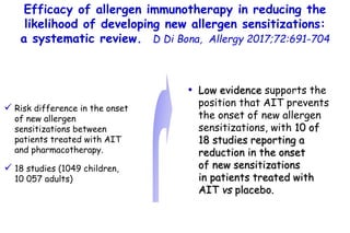 Efficacy of allergen immunotherapy in reducing the
likelihood of developing new allergen sensitizations:
a systematic review. D Di Bona, Allergy 2017;72:691-704
• Low evidence supports the
position that AIT prevents
the onset of new allergen
sensitizations, with 10 of
18 studies reporting a
reduction in the onset
of new sensitizations
in patients treated with
AIT vs placebo.
 Risk difference in the onset
of new allergen
sensitizations between
patients treated with AIT
and pharmacotherapy.
 18 studies (1049 children,
10 057 adults)
 