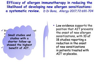 Efficacy of allergen immunotherapy in reducing the
likelihood of developing new allergen sensitizations:
a systematic review. D Di Bona, Allergy 2017;72:691-704
• Low evidence supports the
position that AIT prevents
the onset of new allergen
sensitizations, with 10 of
18 studies reporting a
reduction in the onset
of new sensitizations
in patients treated with
AIT vs placebo.
 Risk difference in the onset
of new allergen
sensitizations between
patients treated with AIT
and pharmacotherapy.
 18 studies (1049 children,
10 057 adults)
Small studies and
studies with a
shorter follow-up
showed the highest
benefit of AIT.
 