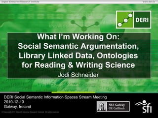 What I’m Working On: Social Semantic Argumentation, Library Linked Data, Ontologies for Reading & Writing Science Jodi Schneider DERI Social Semantic Information Spaces Stream Meeting 2010-12-13 Galway, Ireland 