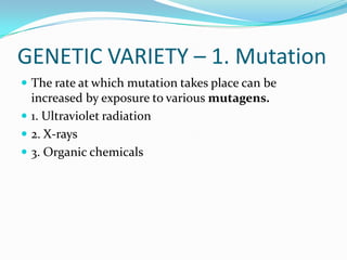 GENETIC VARIETY – 1. MutationThe rate at which mutation takes place can be increased by exposure to various mutagens.1. Ultraviolet radiation2. X-rays3. Organic chemicals