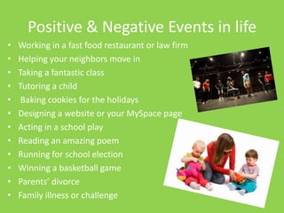 Positive & Negative Events in life
•   Working in a fast food restaurant or law firm
•   Helping your neighbors move in
•   Taking a fantastic class
•   Tutoring a child
•    Baking cookies for the holidays
•   Designing a website or your MySpace page
•   Acting in a school play
•   Reading an amazing poem
•   Running for school election
•   Winning a basketball game
•   Parents’ divorce
•   Family illness or challenge
 