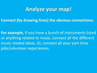 Analyze your map!
Connect (by drawing lines) the obvious connections.

For example, if you have a bunch of instruments listed
or anything related to music, connect all the different
music related ideas. Or, connect all your part time
jobs/volunteer experiences.
 