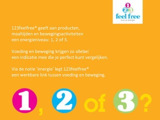 123feelfree® geeft aan producten, maaltijden en bewegingsactiviteiten  een energieniveau: 1, 2 of 3.  Voeding en beweging ...