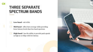 THREE SEPARATE
SPECTRUM BANDS
Mid-band - offers fast coverage while providing
lower latency levels than low-band spectrum
High-band - has the ability to provide peak speeds
as high as 10 Gbps with low latency
Low-band - sub 1GHz
 