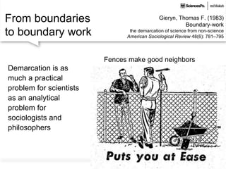 From boundaries
to boundary work
Fences make good neighbors
Gieryn, Thomas F. (1983)
Boundary-work
the demarcation of science from non-science
American Sociological Review 48(6): 781–795
Demarcation is as
much a practical
problem for scientists
as an analytical
problem for
sociologists and
philosophers
 