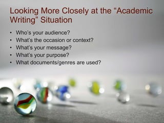 Looking More Closely at the “Academic Writing” Situation Who’s your audience? What’s the occasion or context? What’s your message? What’s your purpose? What documents/genres are used? 