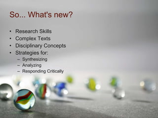 So... What's new? Research Skills Complex Texts Disciplinary Concepts Strategies for: Synthesizing Analyzing Responding Critically 