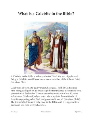 What is a Calebite in the Bible?
A Calebite in the Bible is a descendant of Caleb, the son of Jephunneh.
Being a Calebite would have made one a member of the tribe of Judah
(Numbers 13:6).
Caleb was a brave and godly man whose great faith in God caused
him, along with Joshua, to encourage the fainthearted Israelites to take
possession of the land of Canaan once they were out of the 40 years
wilderness. Caleb and Joshua stood alone against the multitude of
Israelites opposing what God had promised them all (Numbers 13–14).
The term Calebite is used only once in the Bible, and it is applied to a
person of less-than-savory character.
Tony Mariot What is a Calebite? Page ! of !1 3
 