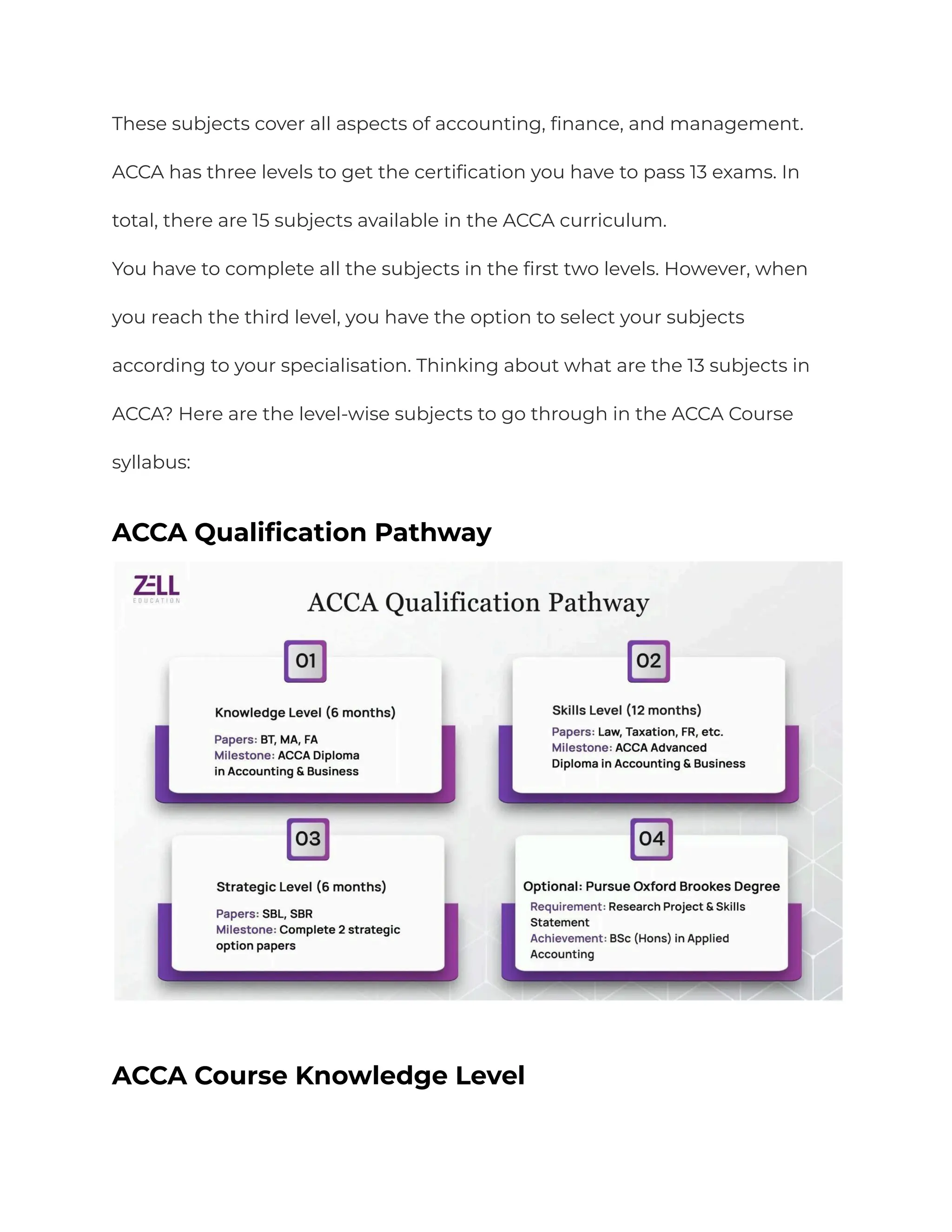 These subjects cover all aspects of accounting, finance, and management.
ACCA has three levels to get the certification you have to pass 13 exams. In
total, there are 15 subjects available in the ACCA curriculum.
You have to complete all the subjects in the first two levels. However, when
you reach the third level, you have the option to select your subjects
according to your specialisation. Thinking about what are the 13 subjects in
ACCA? Here are the level-wise subjects to go through in the ACCA Course
syllabus:
ACCA Qualification Pathway
ACCA Course Knowledge Level
 
