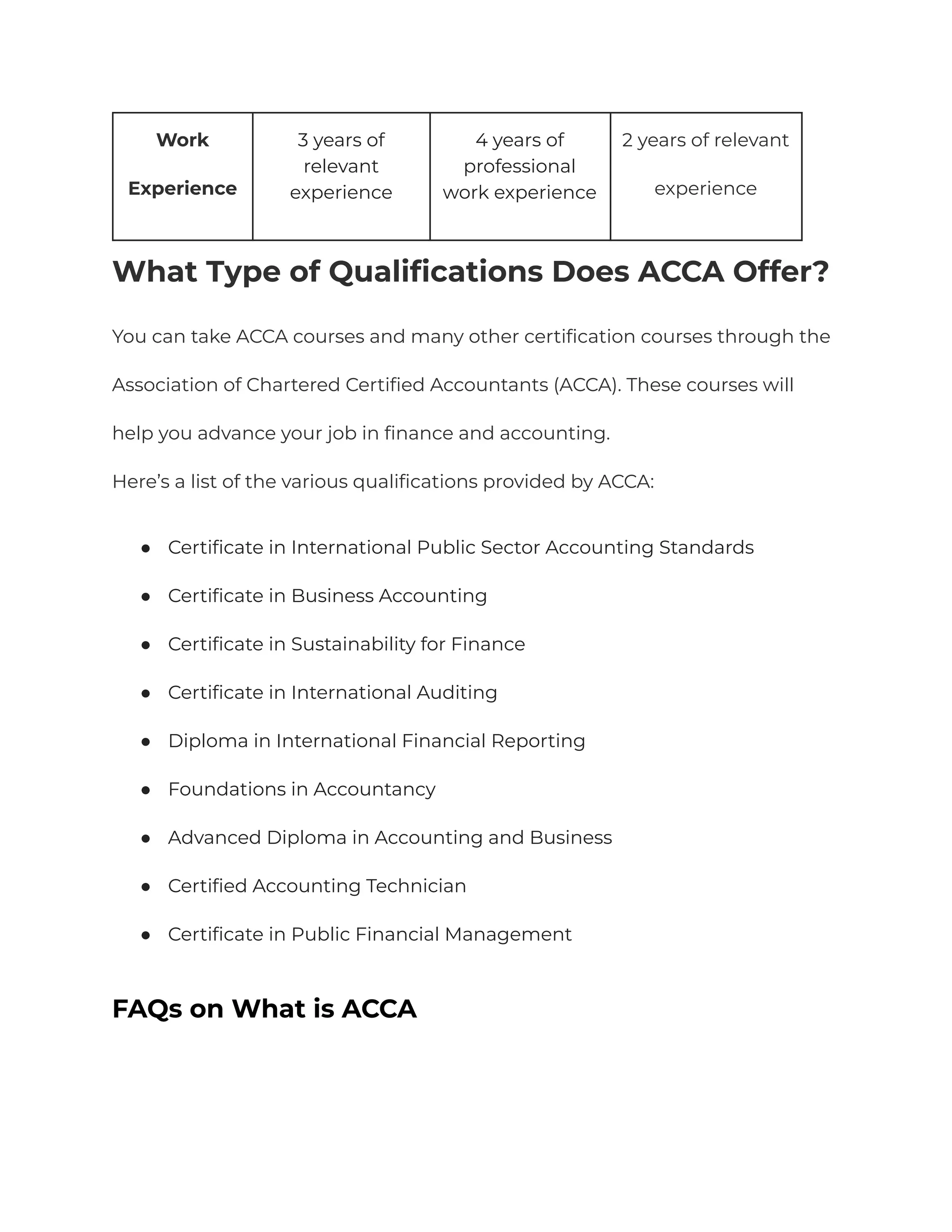 Work
Experience
3 years of
relevant
experience
4 years of
professional
work experience
2 years of relevant
experience
What Type of Qualifications Does ACCA Offer?
You can take ACCA courses and many other certification courses through the
Association of Chartered Certified Accountants (ACCA). These courses will
help you advance your job in finance and accounting.
Here’s a list of the various qualifications provided by ACCA:
● Certificate in International Public Sector Accounting Standards
● Certificate in Business Accounting
● Certificate in Sustainability for Finance
● Certificate in International Auditing
● Diploma in International Financial Reporting
● Foundations in Accountancy
● Advanced Diploma in Accounting and Business
● Certified Accounting Technician
● Certificate in Public Financial Management
FAQs on What is ACCA
 