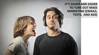 IT’S EASIER AND EASIER
TO TUNE OUT MASS
MARKETING (EMAILS,
TEXTS, AND ADS)
 