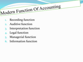 1. Recording function
2. Auditive function
3. Interpretation function
4. Legal function
5. Managerial function
6. Information function
 