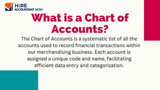 What is a Chart of
Accounts?
The Chart of Accounts is a systematic list of all the
accounts used to record financial transactions within
our merchandising business. Each account is
assigned a unique code and name, facilitating
efficient data entry and categorization.
 