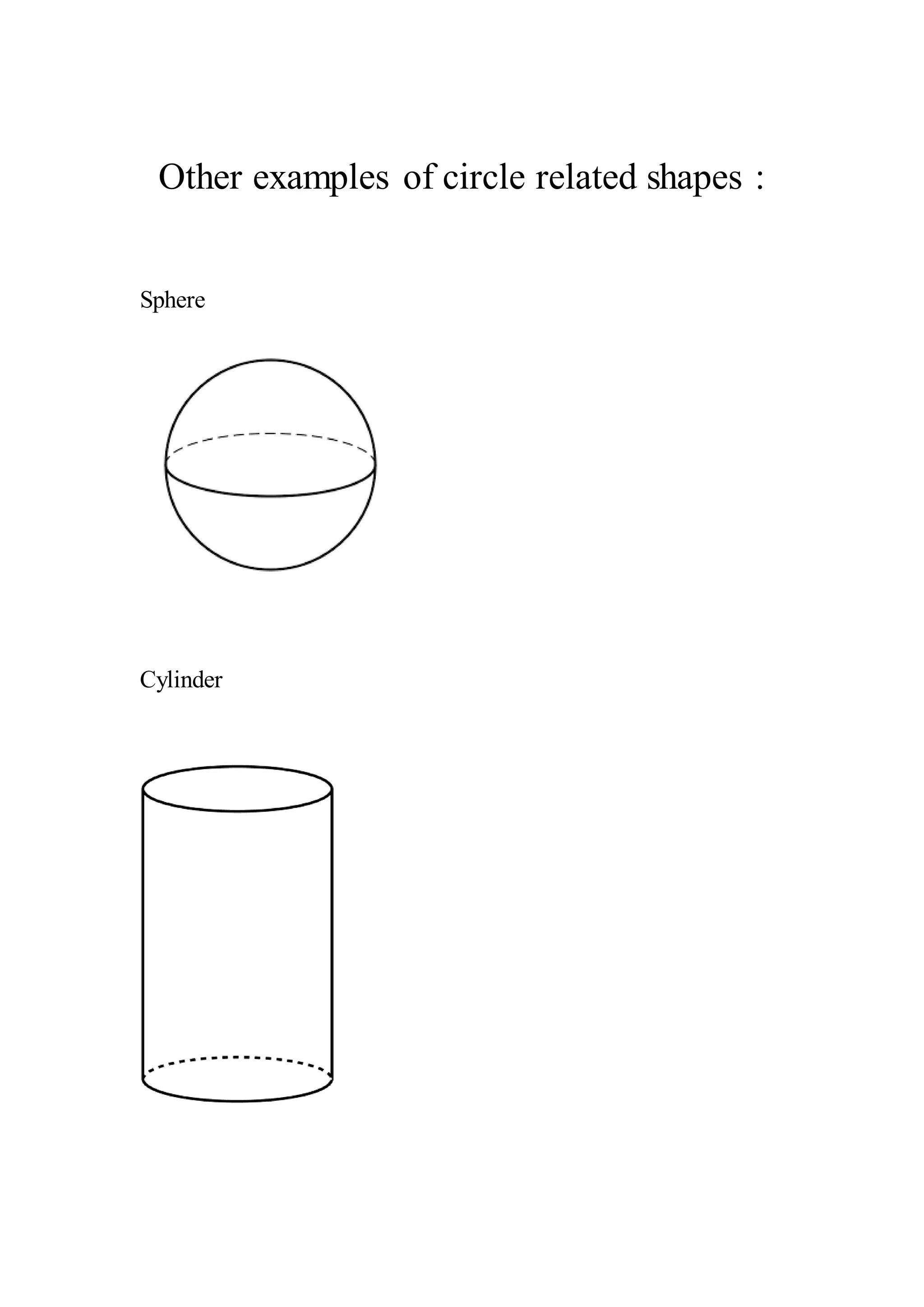 Other examples of circle related shapes : 
Sphere 
Cylinder 
 
