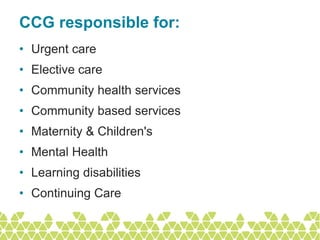 CCG responsible for:
• Urgent care
• Elective care
• Community health services
• Community based services
• Maternity & Children's
• Mental Health
• Learning disabilities
• Continuing Care
 