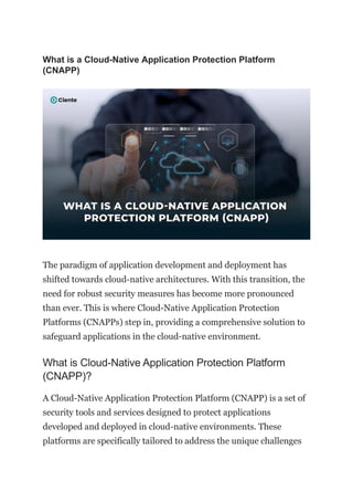 What is a Cloud-Native Application Protection Platform
(CNAPP)
The paradigm of application development and deployment has
shifted towards cloud-native architectures. With this transition, the
need for robust security measures has become more pronounced
than ever. This is where Cloud-Native Application Protection
Platforms (CNAPPs) step in, providing a comprehensive solution to
safeguard applications in the cloud-native environment.
What is Cloud-Native Application Protection Platform
(CNAPP)?
A Cloud-Native Application Protection Platform (CNAPP) is a set of
security tools and services designed to protect applications
developed and deployed in cloud-native environments. These
platforms are specifically tailored to address the unique challenges
 