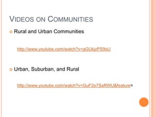 Videos on CommunitiesRural and Urban CommunitiesUrban, Suburban, and Ruralhttp://www.youtube.com/watch?v=gGUkjzPS9sUhttp://www.youtube.com/watch?v=GuF2o7SaRWU&feature= 