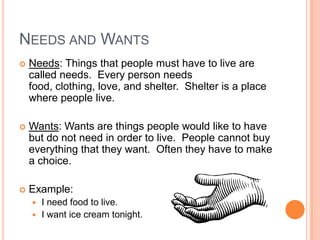 Needs and WantsNeeds: Things that people must have to live are called needs.  Every person needs food, clothing, love, and shelter.  Shelter is a place where people live. Wants: Wants are things people would like to have but do not need in order to live.  People cannot buy everything that they want.  Often they have to make a choice. Example:I need food to live.I want ice cream tonight.