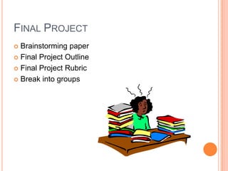 Final ProjectBrainstorming paperFinal Project OutlineFinal Project RubricBreak into groups