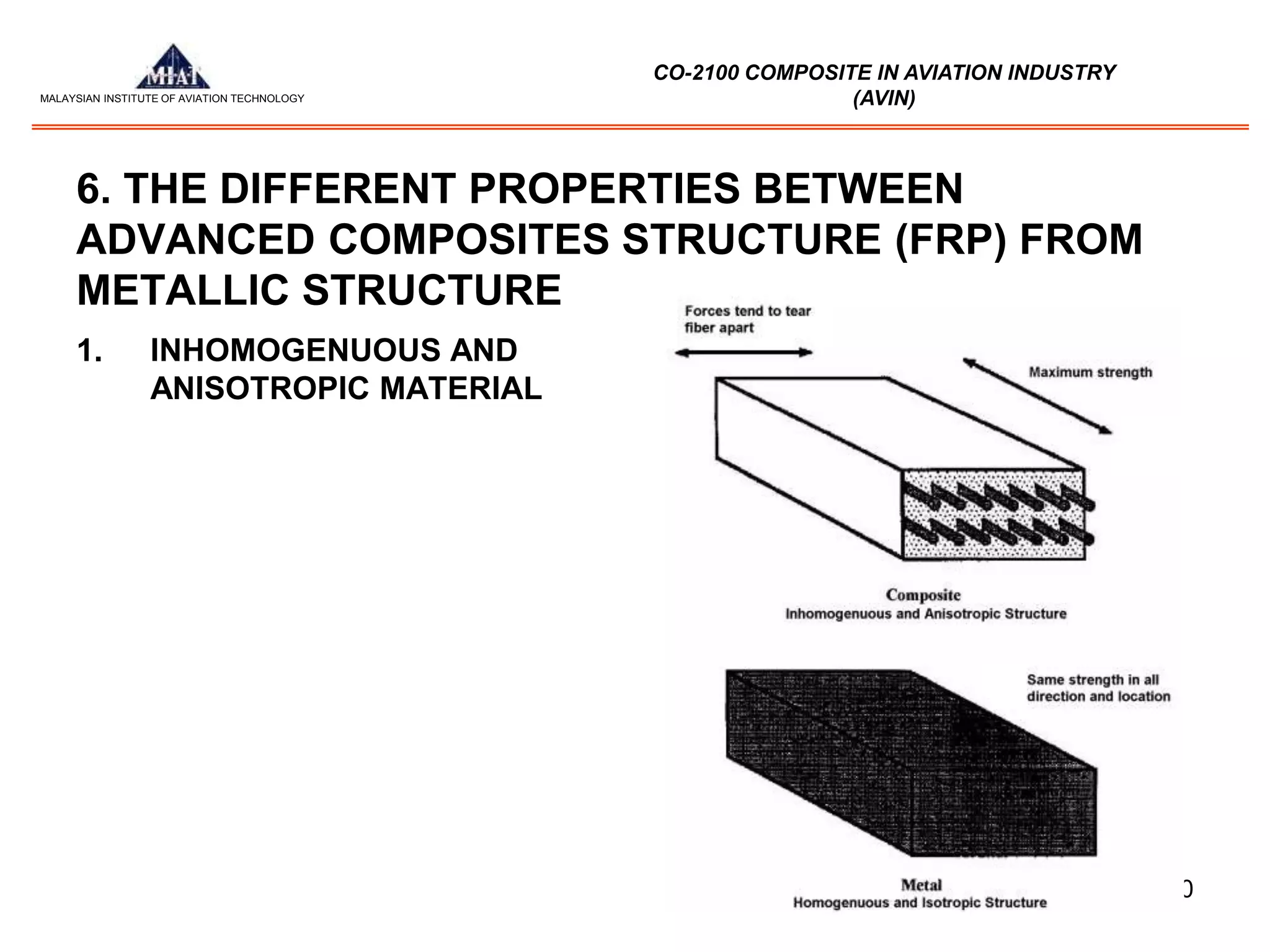 30
MALAYSIAN INSTITUTE OF AVIATION TECHNOLOGY
CO-2100 COMPOSITE IN AVIATION INDUSTRY
(AVIN)
6. THE DIFFERENT PROPERTIES BETWEEN
ADVANCED COMPOSITES STRUCTURE (FRP) FROM
METALLIC STRUCTURE
1. INHOMOGENUOUS AND
ANISOTROPIC MATERIAL
 