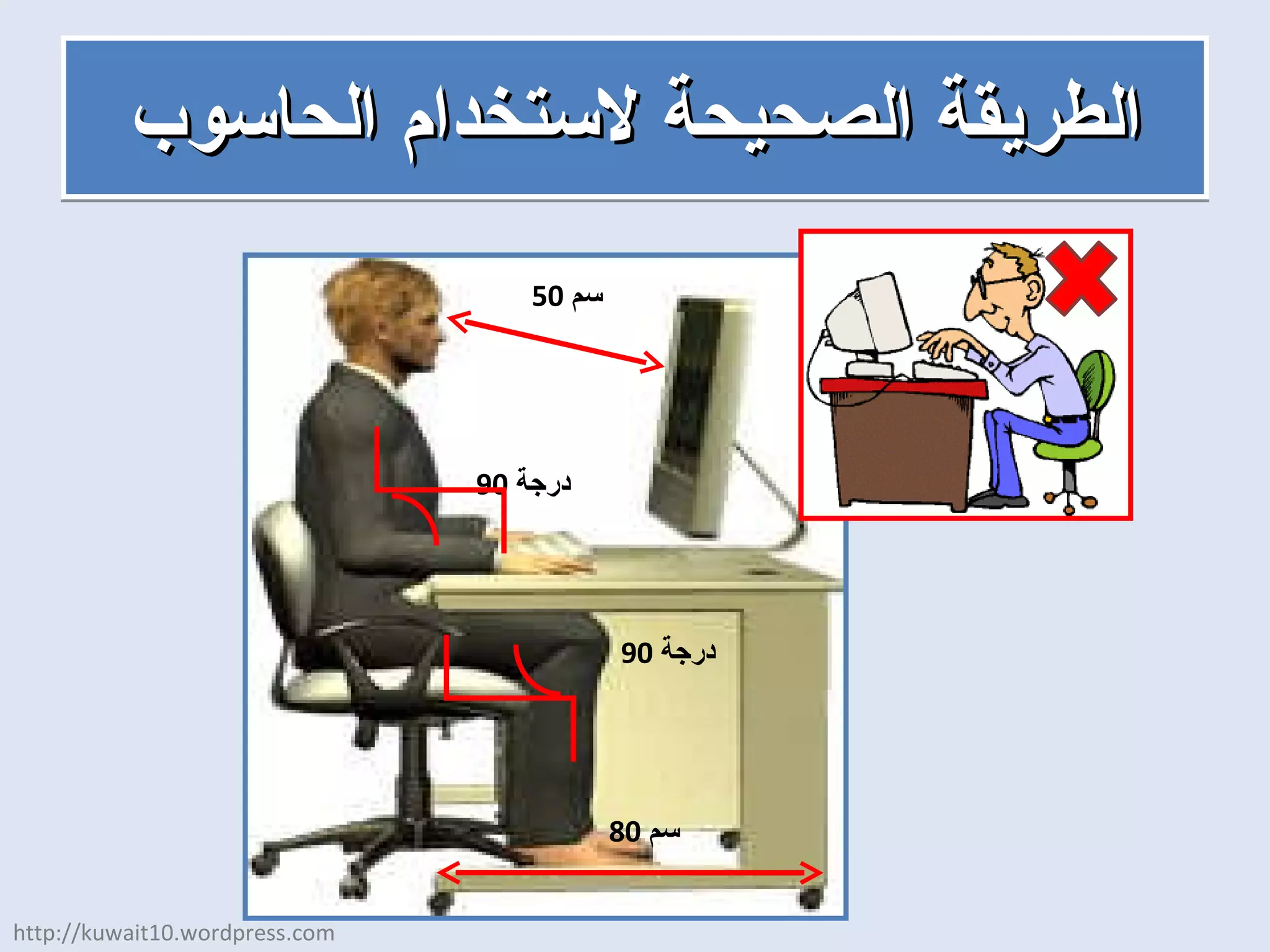 الطريقة الصحيحة لاستخدام الحاسوب 50  سم 90  درجة 90  درجة 80  سم http://kuwait10.wordpress.com 