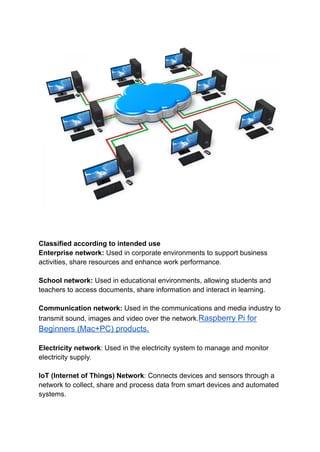 Classified according to intended use
Enterprise network: Used in corporate environments to support business
activities, share resources and enhance work performance.
School network: Used in educational environments, allowing students and
teachers to access documents, share information and interact in learning.
Communication network: Used in the communications and media industry to
transmit sound, images and video over the network.Raspberry Pi for
Beginners (Mac+PC) products.
Electricity network: Used in the electricity system to manage and monitor
electricity supply.
IoT (Internet of Things) Network: Connects devices and sensors through a
network to collect, share and process data from smart devices and automated
systems.
 