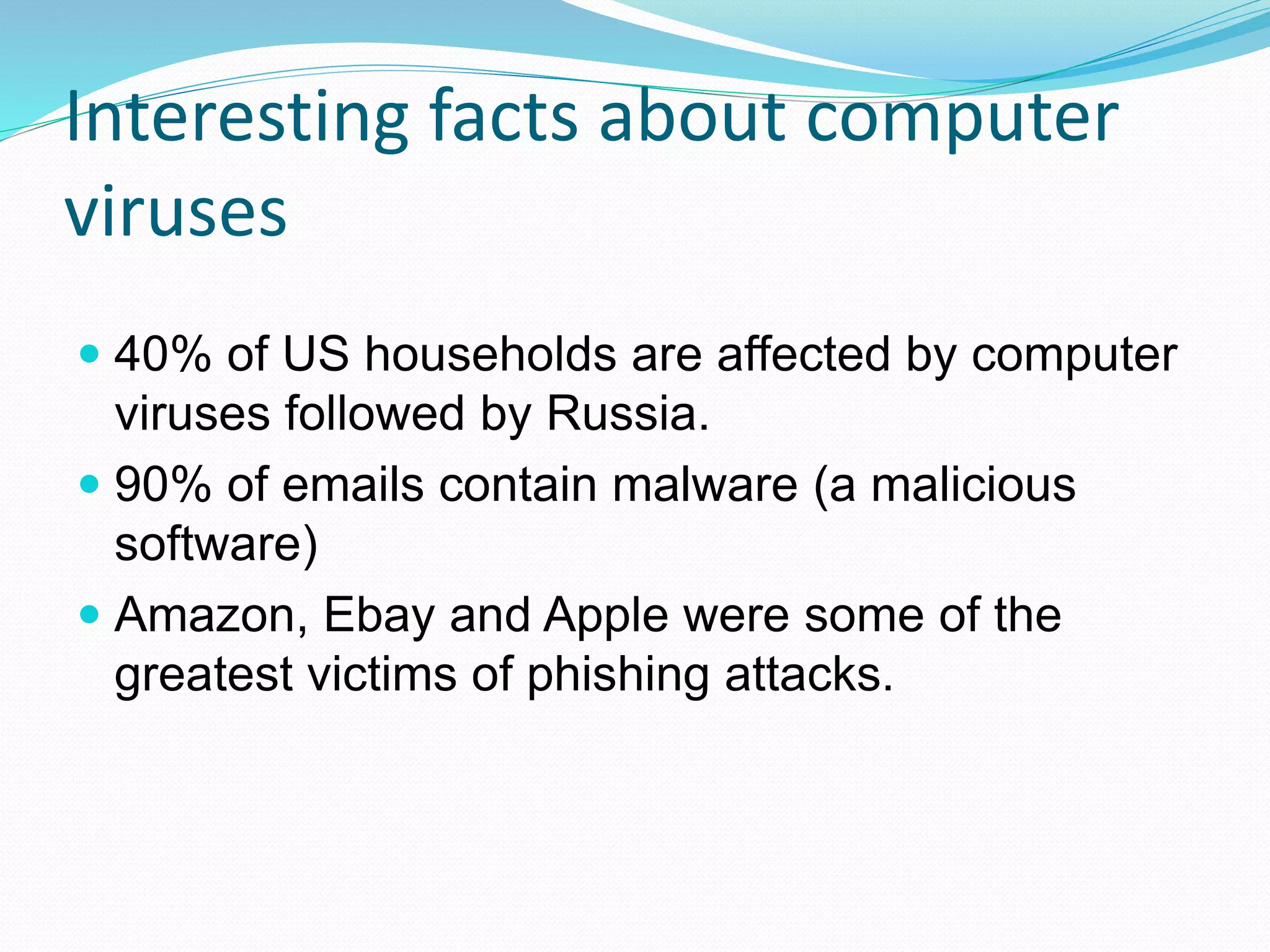 Interesting facts about computer
viruses
 40% of US households are affected by computer
viruses followed by Russia.
 90% of emails contain malware (a malicious
software)
 Amazon, Ebay and Apple were some of the
greatest victims of phishing attacks.
 