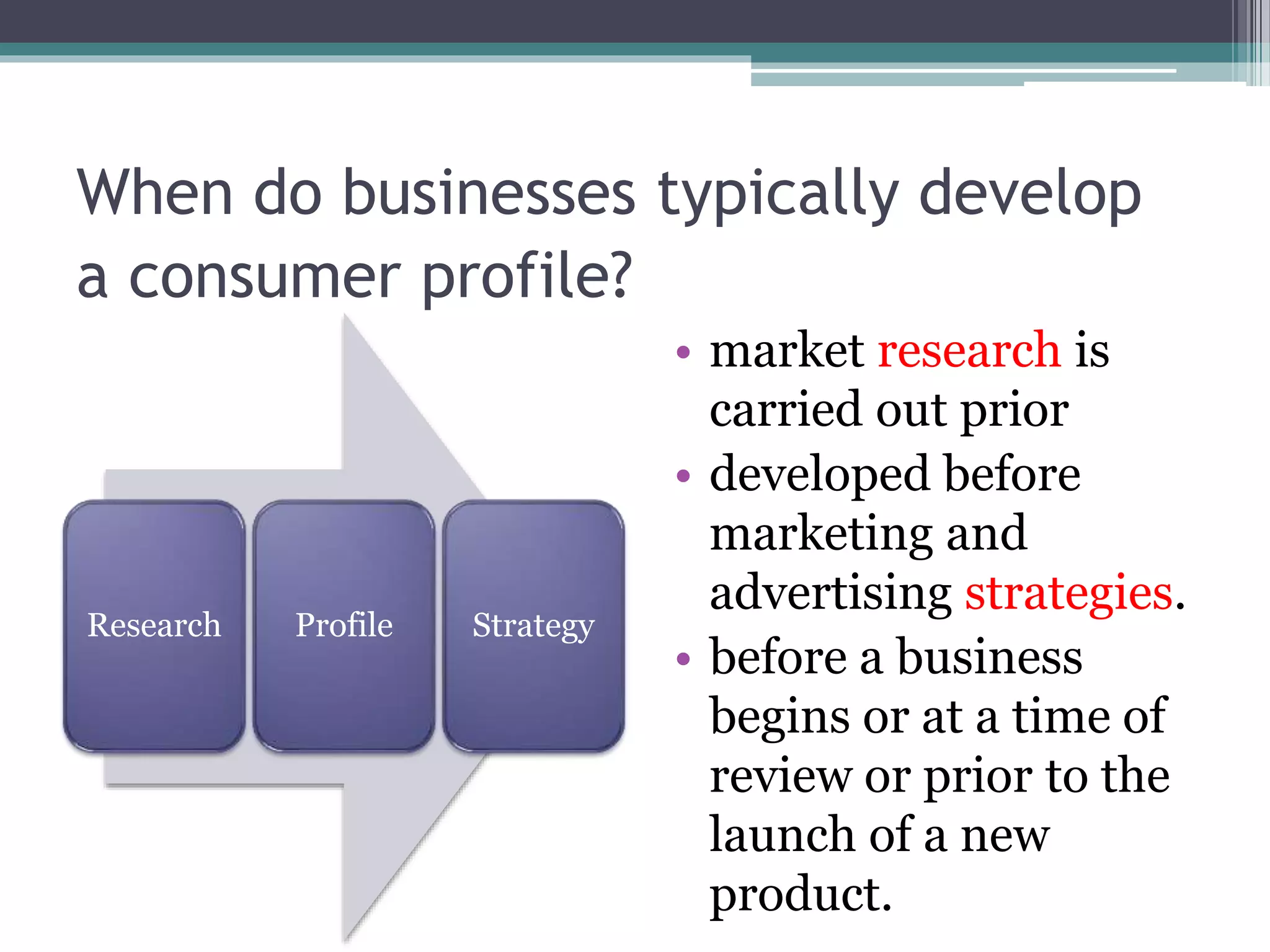 When do businesses typically develop
a consumer profile?
Research Profile Strategy
• market research is
carried out prior
• developed before
marketing and
advertising strategies.
• before a business
begins or at a time of
review or prior to the
launch of a new
product.