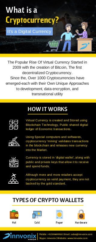 What is a
Cryptocurrency?
It's a Digital Currency
The Popular Rise Of Virtual Currency Started in
2009 with the creation of Bitcoin, The first
decentralized Cryptocurrency.
Since the, Over 1000 Cryptocurrencies have
emerged-each with their Own Unique Approaches
to development, data encryption, and
transnational utility
HOW IT WORKS
Virtual Currency is created and Stored using
Blockchain Technology, Public shared digital
ledger of Economic transactions.
Using Special computers and softwares,
cryptocurrency 'mining' validates transactions
in the blockchain and releases new currency
into the Market.
Currency is stored in 'digital wallet', along with
public and private keys that allow it to receive
and spend funds.
Although more and more retailers accept
cryptocurrency as valid payment, they are not
backed by the gold standard.
TYPES OF CRYPTO WALLETS
Hot Cold Paper Hardware
Mobile : +917096499910 | Email : sales@innvonix.com
Skype : innvonix | Website : www.innvonix.com
 