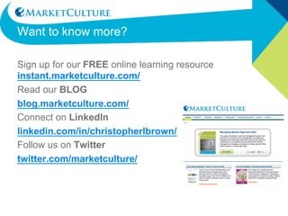 Customer Insight
Customer Foresight
Competitor Insight
Competitor Foresight
Peripheral Vision
Empowerment
Cross-functional
Collaboration
Strategic Alignment
THESE BEHAVIORS DRIVE THESE BUSINESS
PERFORMANCE OUTCOMES
7
Factors
Customer
Satisfaction
Innovation
New Product
Success
Profit
Growth
Profitability
Sales
Revenue
Growth
 