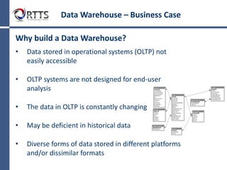 What is a Data Warehouse?
Data Warehouse
• typically a relational database that is designed for query and
analysis rather than for transaction processing
• a place where historical data is stored for archival, analysis and
security purposes.
• contains either raw data or formatted data
• combines data from multiple sources
• Sales
• salaries
• operational data
• human resource data
• inventory data
• web logs
• Social networks
• Internet text and docs
• other
Legacy DB
CRM/ERP
DB
Finance DB
 