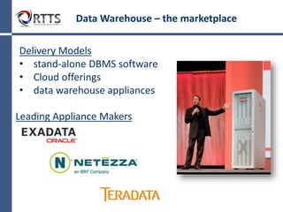 Data Warehouse: the Marketplace
“The data warehousing market will see a compound annual growth rate of
11.5% through 2013 to reach a total of $13.2 billion in revenue.”
- consulting specialist The 451 Group
Data Warehouse size
Small data warehouses: < 5 TB
Midsize data warehouses: 5 TB - 20 TB
Large data warehouses: >20 TB
- Analyst firm Gartner
Leaders in Data Warehouse Data Management Systems
  
  
- Analyst firm Gartner’s ‘Magic Quadrant for Data Warehouse Database Management Systems’
 