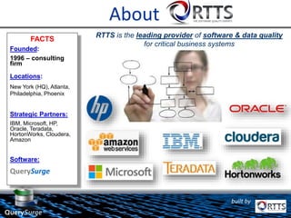 © 2011 Real-Time Technology Solutions, Inc.
New York  Philadelphia  Atlanta  www.rtts.com
built by
QuerySurge™
About
FACTS
Founded:
1996 – consulting
firm
Locations:
New York (HQ), Atlanta,
Philadelphia, Phoenix
Strategic Partners:
IBM, Microsoft, HP,
Oracle, Teradata,
HortonWorks, Cloudera,
Amazon
Software:
QuerySurge
RTTS is the leading provider of software & data quality
for critical business systems
 