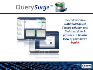 Functional Automation ETL Testing flow
1. Similar to previous - Extract mappings from mapping document
2. Write pairs of queries that test between any two points in the
architecture.
3. Issue the queries via a Functional Automation tool
4. Have the functional Scripts dump the query result-sets to files
5. Compare the files, either by writing automation code or by using a file
compare tool.
This process is dependent on the speed of the automation tool; Normally, only
a fraction of the data can be covered per ETL per build.
Functional Tester
Testing the DWH:
Typical Functional Automation Testing Flow
 